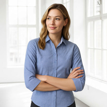 Ladies Newport 3qtr blue white checkered shirt for retail staff