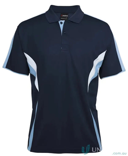 Navy blue JB’s Podium Ladies Cool Polo shirt with light blue and white accents for staying cool