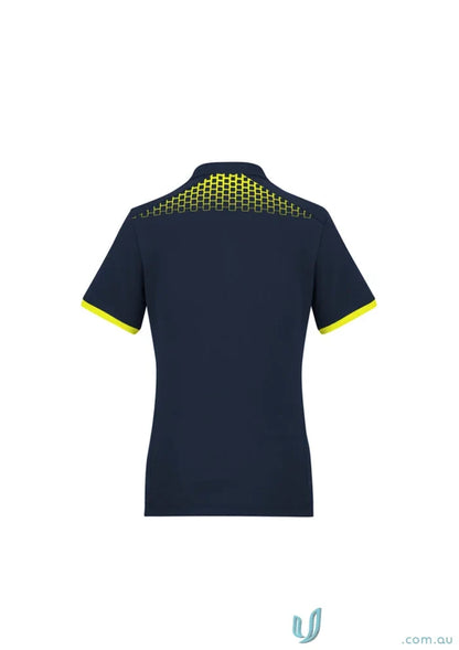 Ladies Galaxy polo shirt with navy and yellow accents, the perfect blend for style