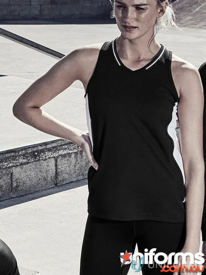 Black and white Ladies Renegade Singlet with silver reflective trims and racer-back design