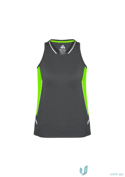 Gray and neon green Ladies Renegade Singlet with silver reflective trims and racer-back style