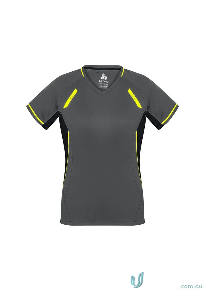 Gray and black ladies renegade tee with yellow trim from Biz Collection Ladies