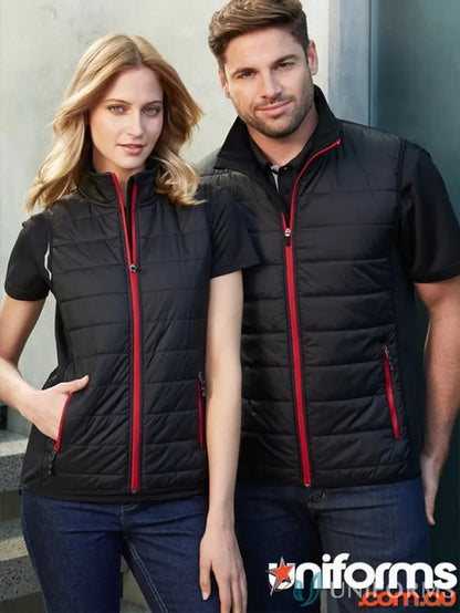 Matching black quilted puffer vests with red zippers for women’s stealth vest J616L from Biz Collection Women’s