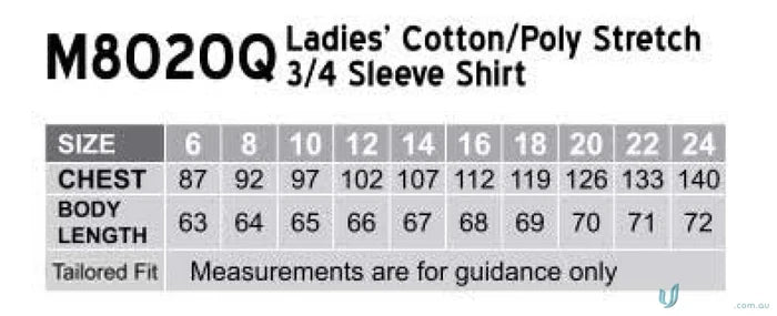 Ladies’ shirt size chart for Winning Spirit Ladies Spirit Ladies Stretch 3qtr shirt