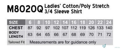 Ladies’ shirt size chart for Winning Spirit Ladies Spirit Ladies Stretch 3qtr shirt