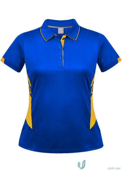 Royal blue Ladies Tasman Polo with yellow accents, perfect for casual style