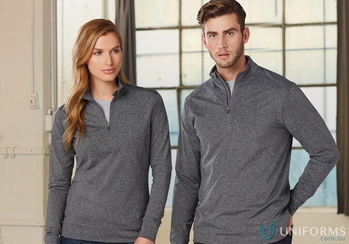 Two people wearing gray Ladies Ultimate Half Zip Long Sleeve Sweat Tops