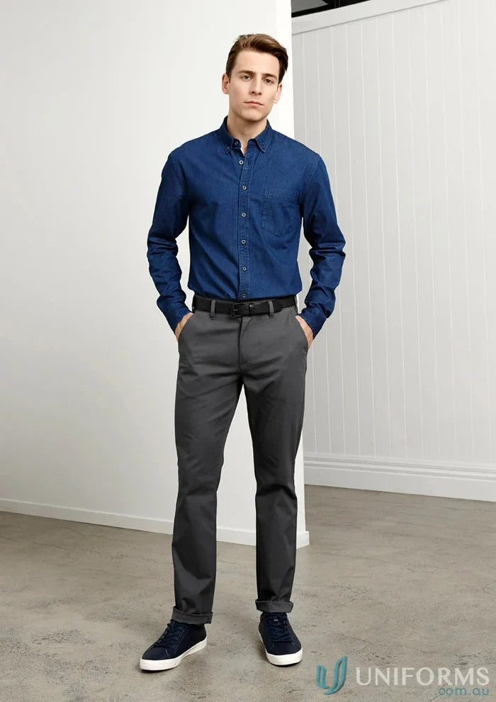 Man in blue shirt and gray Lawson Stretch Chino Pants from Biz Collection Mens