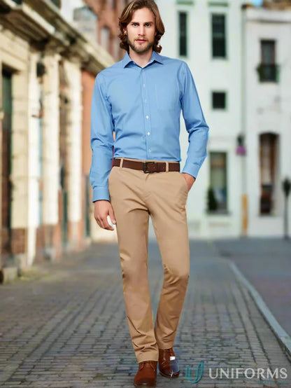 Man in blue shirt and khaki Lawson Stretch Chino Pants from Biz Collection Mens