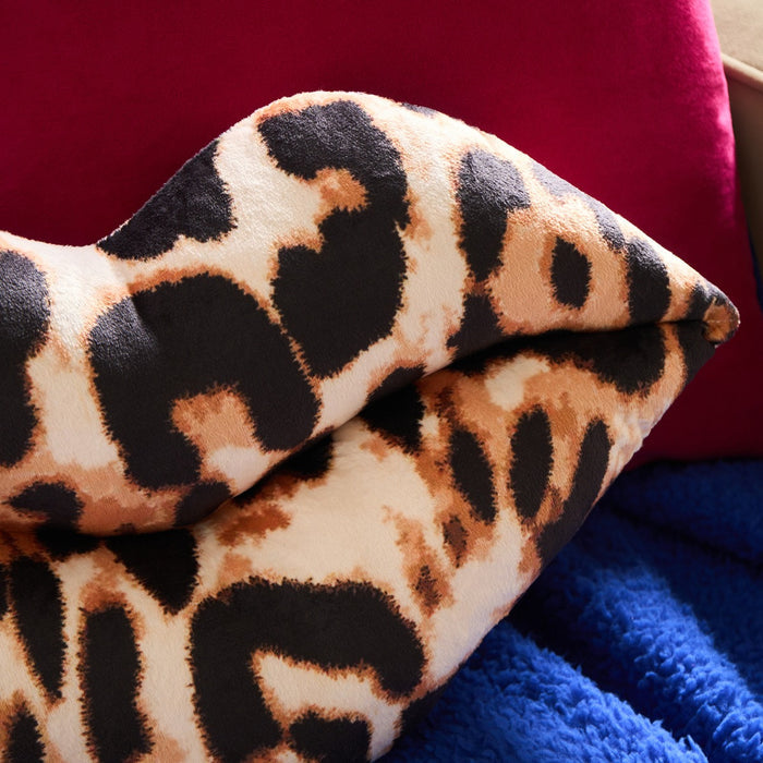 Leopard Print Lips Shaped Cushion - Natural 🇬🇧