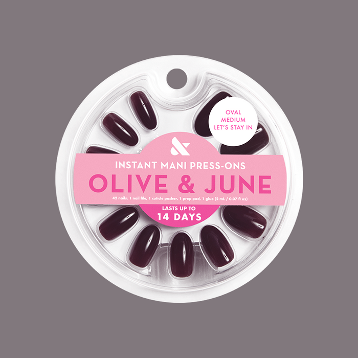 Let’s Stay In - Press-On | Medium | Oval in a deep maroon brown for quick, long-lasting at-home manicures by Olive and June