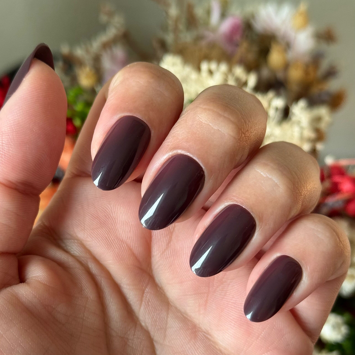 Let’s Stay In - Press-On | Medium | Oval in a rich dark maroon-brown for cozy, long-lasting press-on mani at home