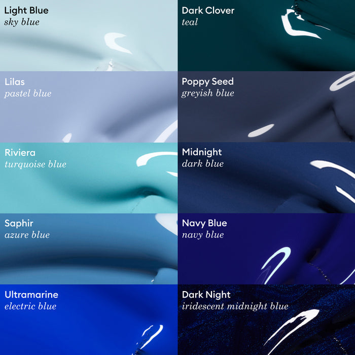 Nine paint swatches in blue shades, including Manucurist's Light Blue pastel nail polish, each labeled with a name and description: Light Blue, Lilas, Riviera, Saphir, Ultramarine, Dark Clover, Poppy Seed, Midnight, Navy Blue.