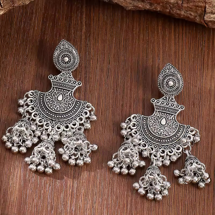 Lightweight Ethnic Oxidized Silver Jhumka Bell Long Drop Garba Navratri Earrings