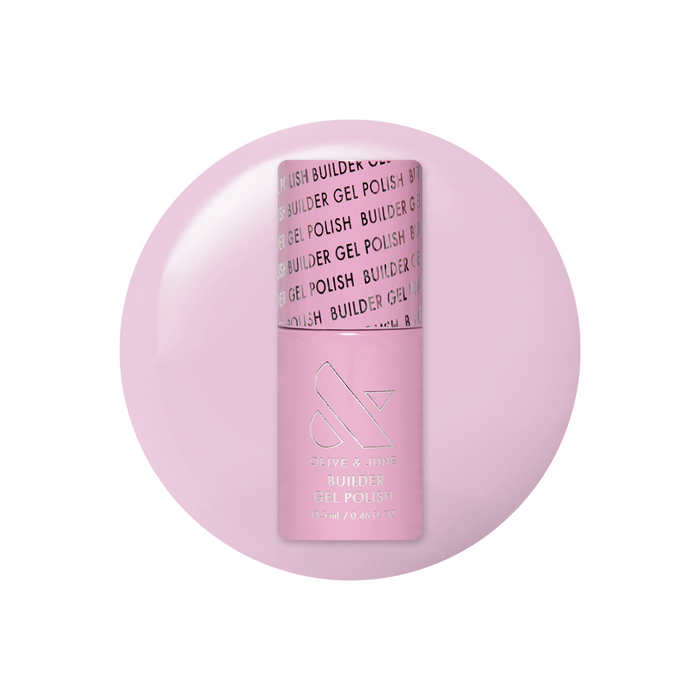 Lilac Luxe - Builder Gel polish bottle shown in soft pinky purple shade with smooth gel texture background