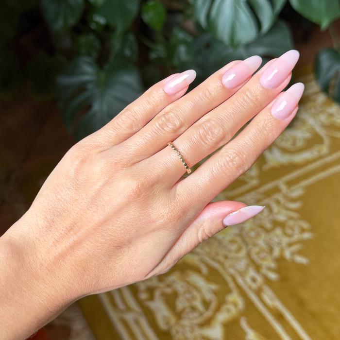 Lilac Luxe - Builder Gel on long natural nails shaped coffin with sheer pinky purple manicure and glossy finish