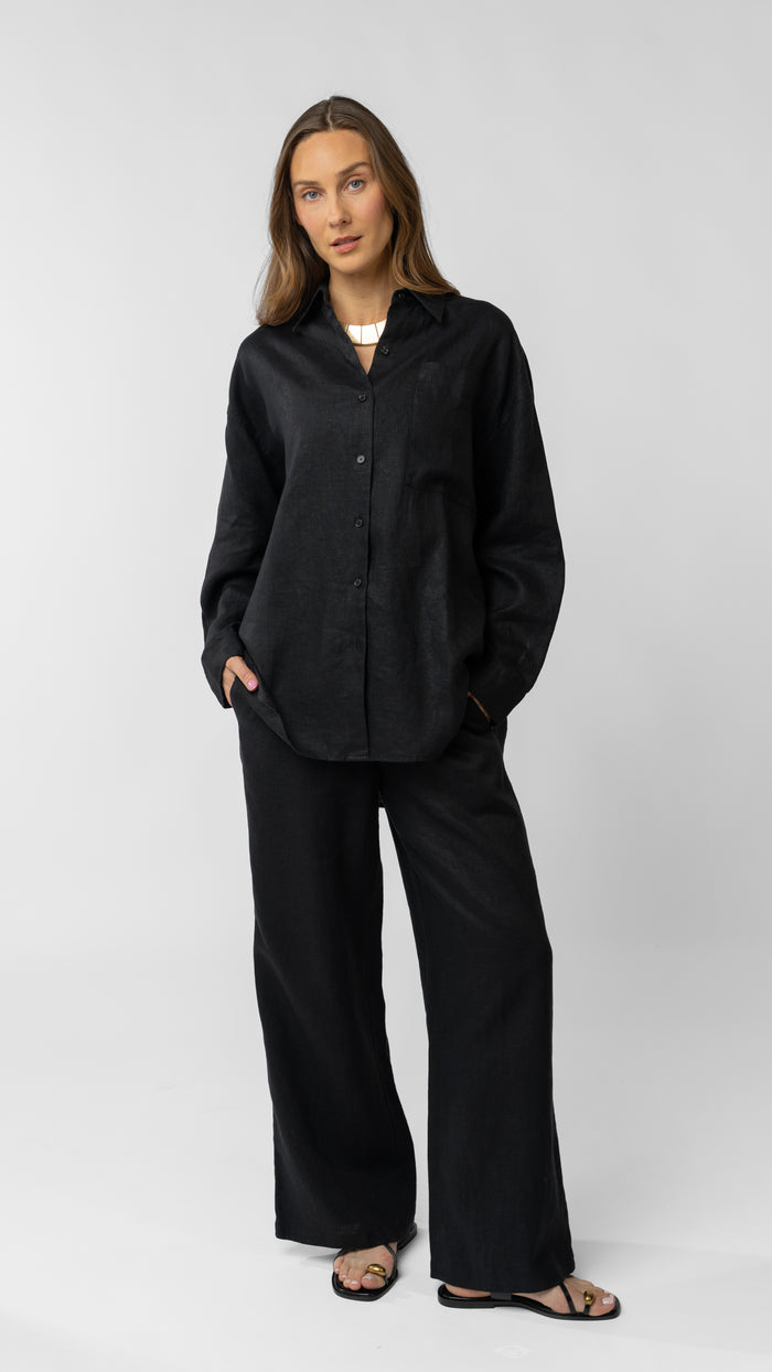 model wearing linen top and pants in black