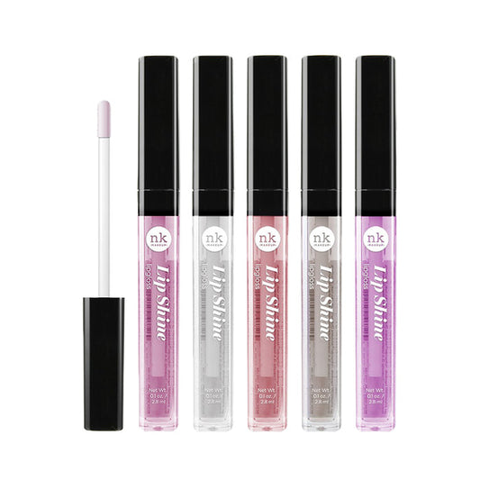 NICKA K hydrating lip shine gloss set with five shades including pink, clear, nude, and purple tones