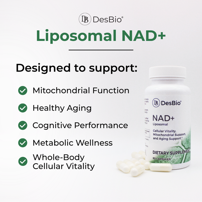 DesBio Liposomal NAD+ supplement for mitochondrial cellular energy healthy aging cognitive and metabolic support