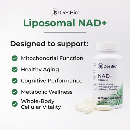 DesBio Liposomal NAD+ supplement for mitochondrial cellular energy healthy aging cognitive and metabolic support