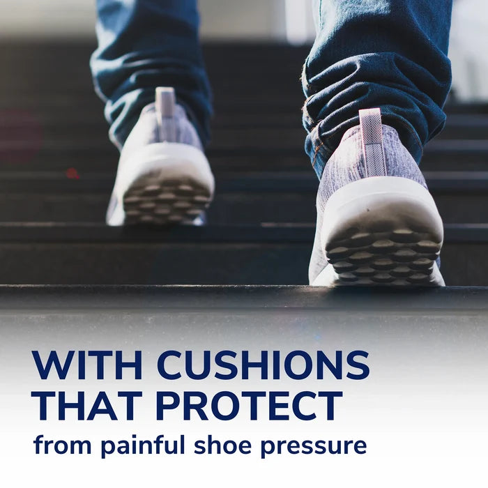 Walking in dark shoes; cushioned foot care concept shown on product graphic