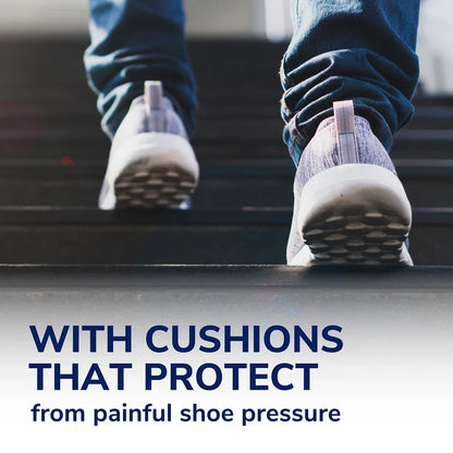 Walking in dark shoes; cushioned foot care concept shown on product graphic