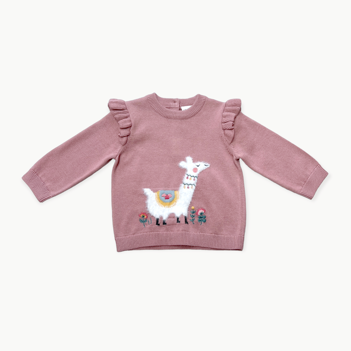 Llama Ruffle Baby Girl Pullover Sweater (Organic Cotton)