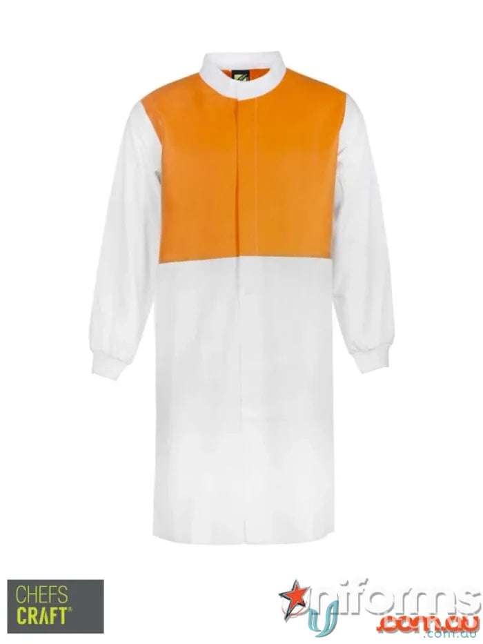 Orange and white long length chefs coat with mandarin collar for professional uniforms