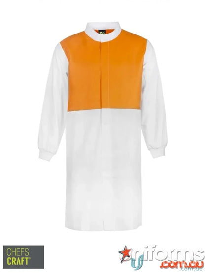 Orange and white long length chefs coat with mandarin collar for professional uniforms