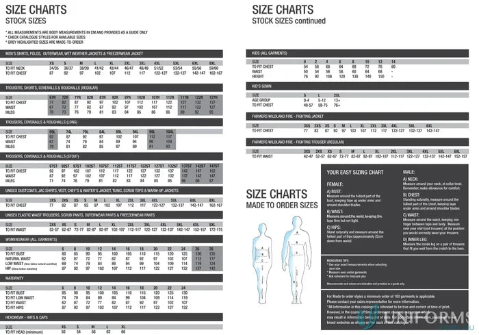 Clothing size chart for Long Length Dust Coat with mandarin collar uniforms