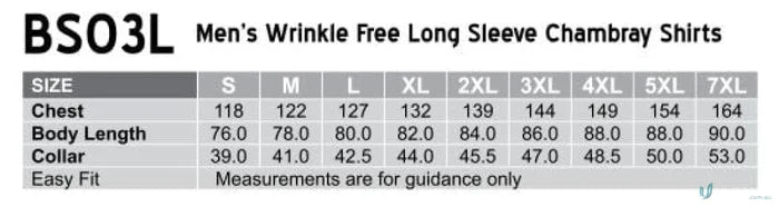 Winning Spirit Mens Chambray Long Sleeve Shirt size chart for wrinkle-free long-sleeve chambray long shirts