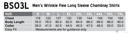 Winning Spirit Mens Chambray Long Sleeve Shirt size chart for wrinkle-free long-sleeve chambray long shirts