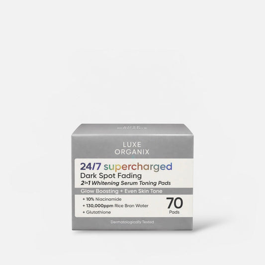 Luxe Organix 24/7 Supercharged Dark Spot Fading Whitening 2in1 Serum Concentrated Pads (70 Pads) فوط مركزة من سيروم لوكس أورجانيكس 24/7 لتفتيح وتخفيف البقع الداكنة، 2 في 1 - Princess Cosmetics Qatar