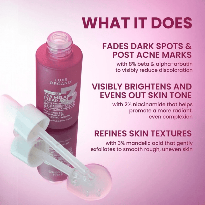 Luxe Organix Derma PRO Melasma Clear 300 Liquid Microneedle Soicule Bright Serum 30ml سيروم لوكس أورجانيكس ديرما برو ميلازما كلير 300 السائل بتقنية الإبر الدقيقة لتفتيح البشرة - Princess Cosmetics Qatar