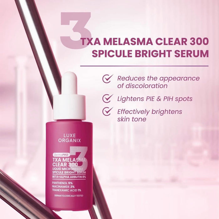Luxe Organix Derma PRO Melasma Clear 300 Liquid Microneedle Soicule Bright Serum 30ml سيروم لوكس أورجانيكس ديرما برو ميلازما كلير 300 السائل بتقنية الإبر الدقيقة لتفتيح البشرة - Princess Cosmetics Qatar