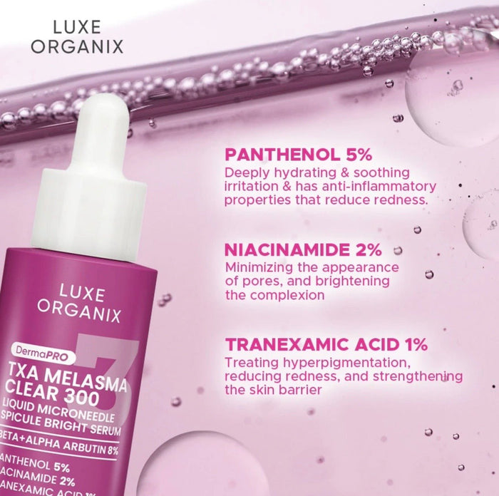 Luxe Organix Derma PRO Melasma Clear 300 Liquid Microneedle Soicule Bright Serum 30ml سيروم لوكس أورجانيكس ديرما برو ميلازما كلير 300 السائل بتقنية الإبر الدقيقة لتفتيح البشرة - Princess Cosmetics Qatar