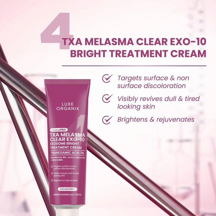 Luxe Organix Derma PRO TXA Melasma Clear Exosome Bright Treatment Cream 30g كريم لوكس أورجانيكس ديرما برو تي إكس إيه لعلاج الكلف وتفتيح البشرة بتقنية الإكسوسوم - Princess Cosmetics Qatar
