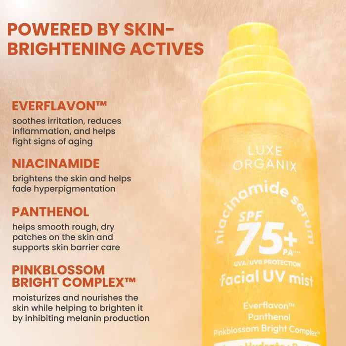 Luxe Organix Niacinamide Serum Facial UV Mist 80ml لوكس أورجانيكس نياسيناميد مصل الوجه بالأشعة فوق البنفسجية - Princess Cosmetics Qatar