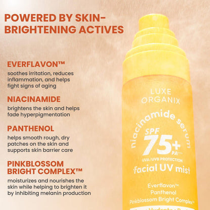 Luxe Organix Niacinamide Serum Facial UV Mist 80ml لوكس أورجانيكس نياسيناميد مصل الوجه بالأشعة فوق البنفسجية - Princess Cosmetics Qatar