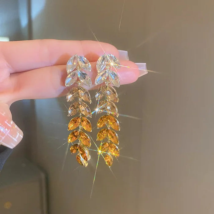 Luxury Design Yellow Crystal Leaf Drop Dangle Tassel Earrings for Women Party Wedding Jewelry