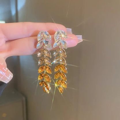 Luxury Design Yellow Crystal Leaf Drop Dangle Tassel Earrings for Women Party Wedding Jewelry