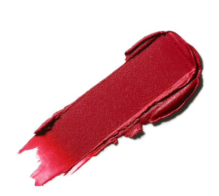 M.A.C Retro Matte Lipstick in Ruby Woo with vibrant red shade, brand logo visible on sleek black packaging.