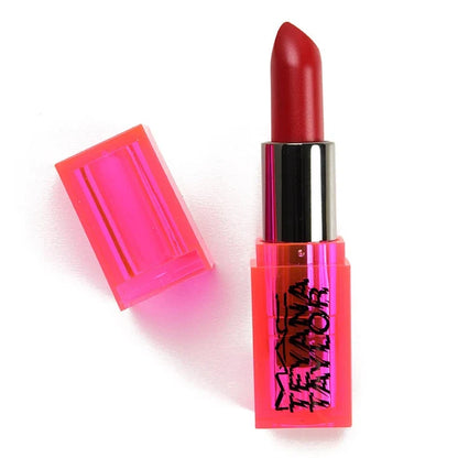 MAC x Teyana Taylor beauty product featuring two shades of makeup in sleek packaging, showcasing vibrant color swatches.