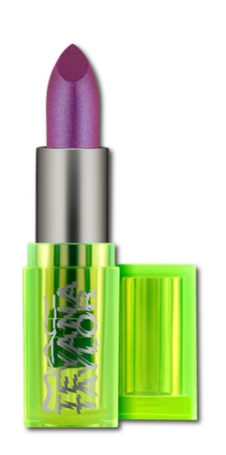 M.A.C beauty product featuring Teyana Taylor, showcasing two shades of MAC lipstick in a sleek, modern packaging design.