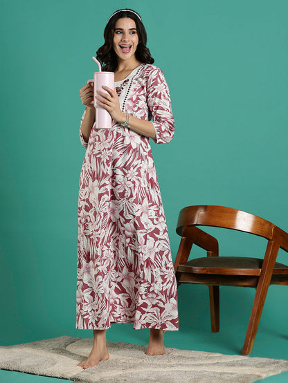 Magenta embroidered front cotton nightdress for women