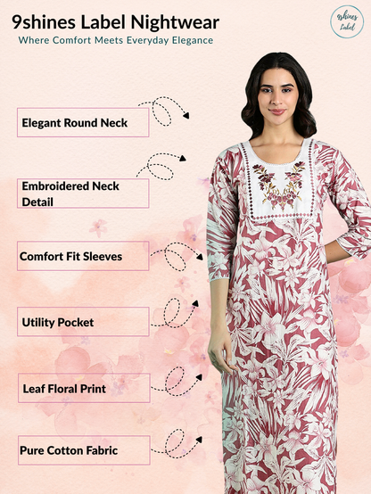 Magenta Floral Cotton Embroidered Nighty with Lace Yoke