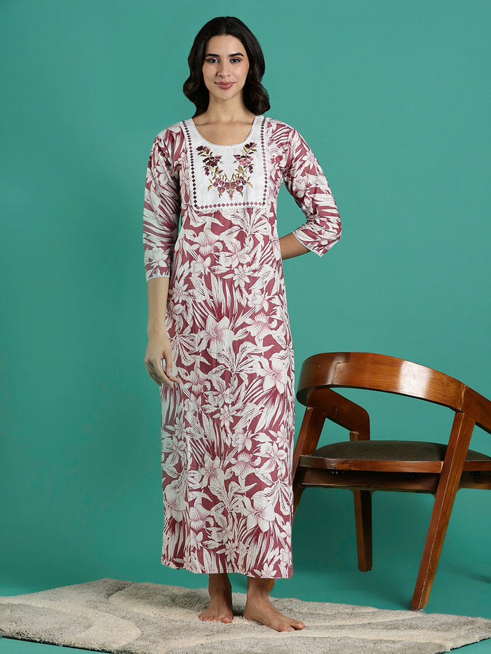 Magenta embroidered front cotton nightdress for women