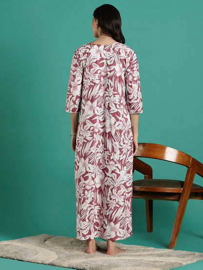 Magenta embroidered front cotton nightdress for women