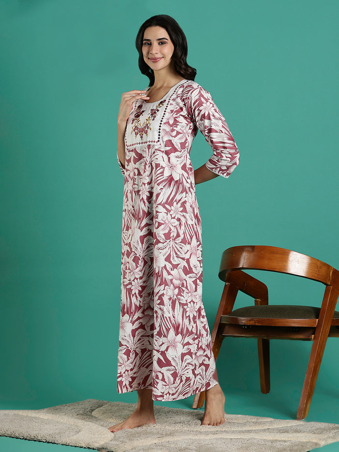Magenta embroidered front cotton nightdress for women