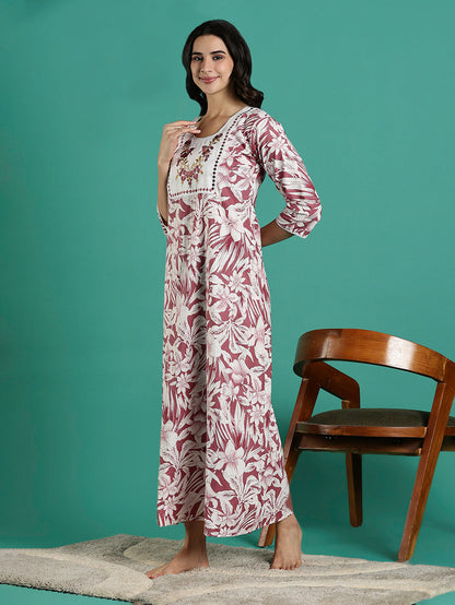 Magenta embroidered front cotton nightdress for women